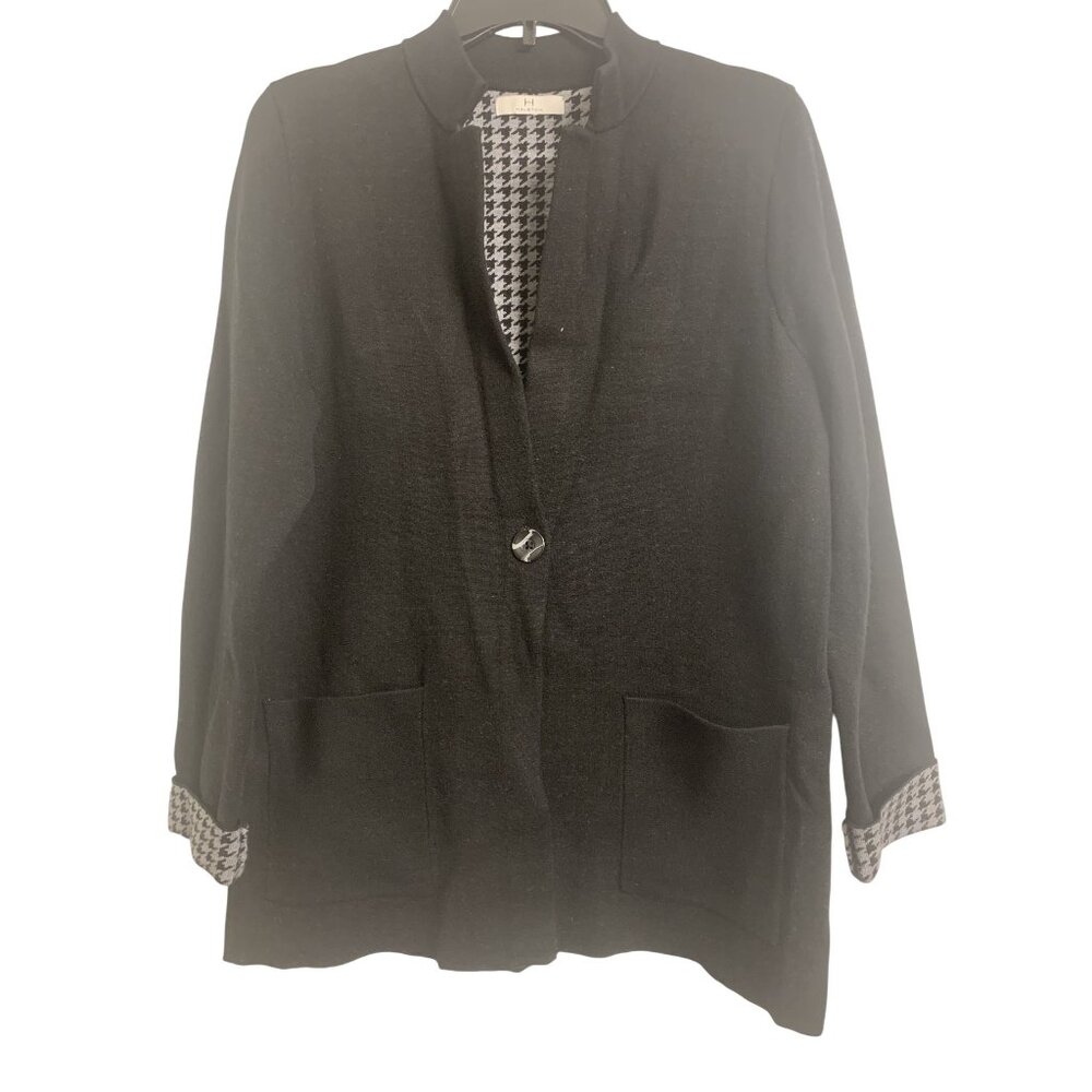 Halston M Black Gray Houndstooth Single-Button Sweater Cardigan Jacket